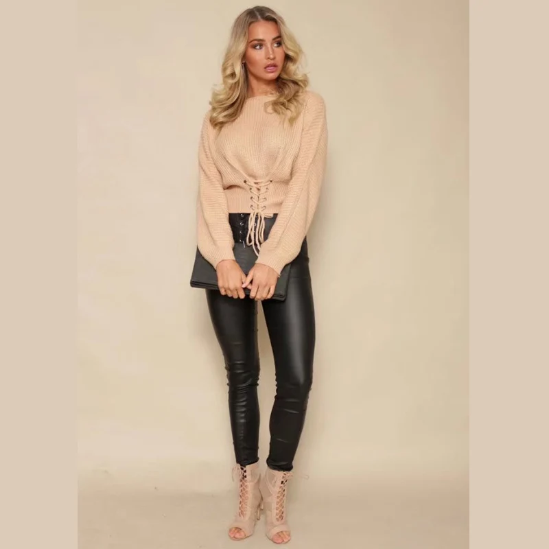 Autumn Batwing long sleeve sweater Lace up pullover short crop top casual knit | Женская одежда