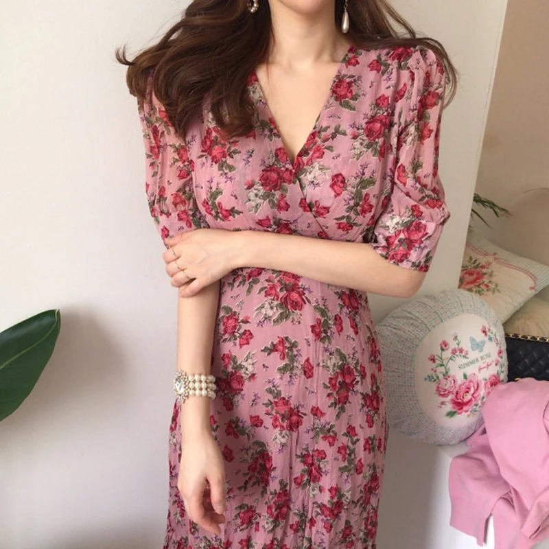 Женское винтажное платье с V образным вырезом облегающее длинное цветочным