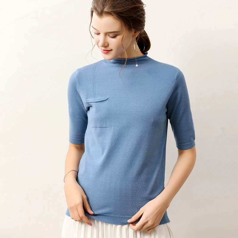 Wool Knitted Sweater With Pocket Shirt 2019 New Summer Turtleneck Short Sleeve Pullovers Slim-fit Tight Female Green | Женская одежда