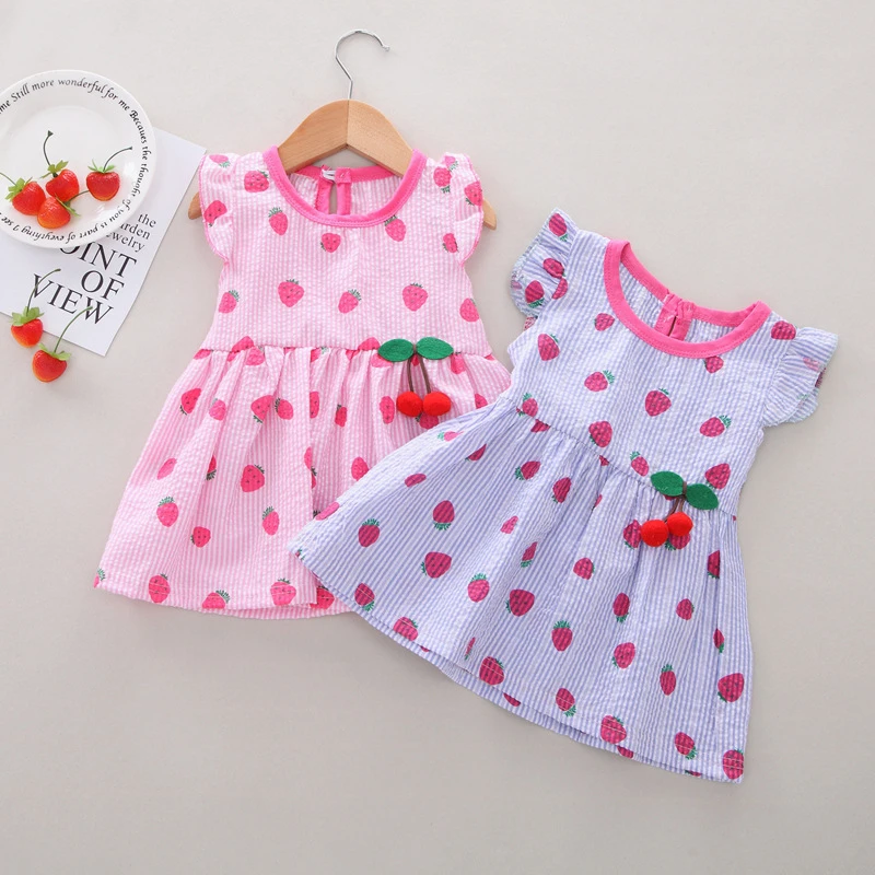Toddler Baby Kids Girls Princess Dress Casual Clothes Fly Sleeve Fruit Strawberry Print Summer Girl | Детская одежда и обувь