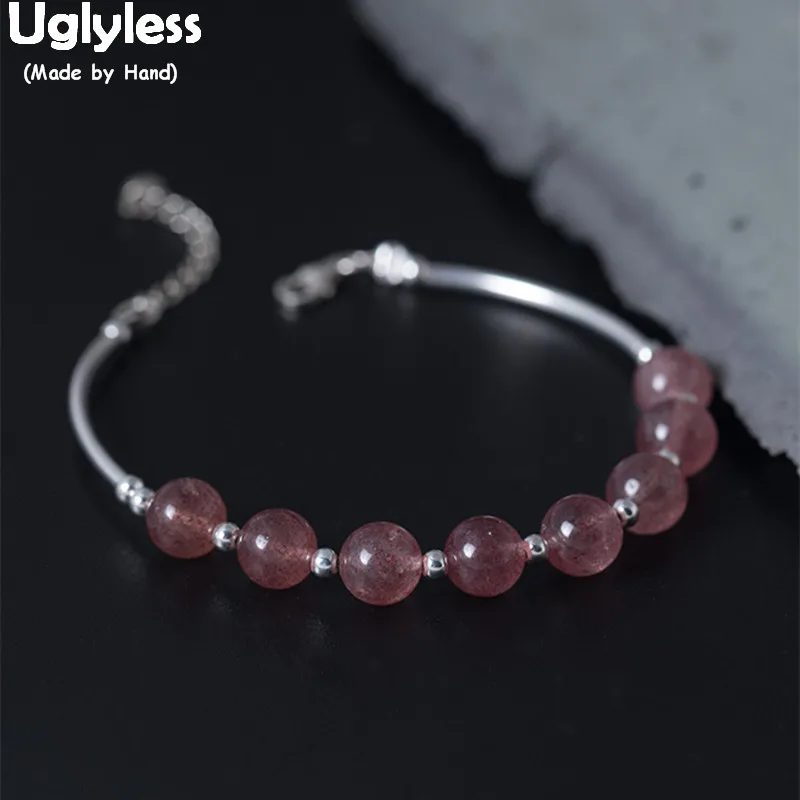 Женский браслет из серебра 100% пробы с бусинами и клубничным кварцем | Украшения