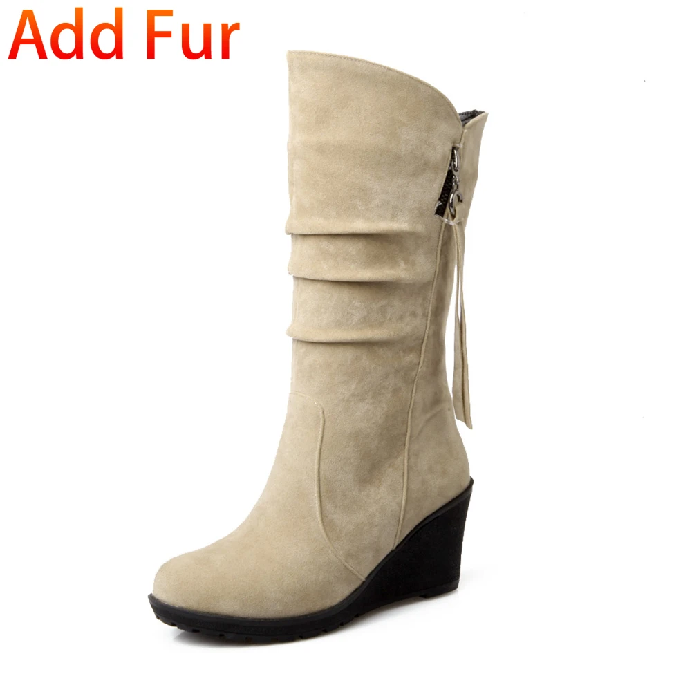 beige add fur 1 KARINLUNA/Новая однотонная обувь на высокой танкетке с бахромой,, обувь без шнуровки, женские повседневные зимние сапоги до середины икры, черные, большой размер 28-52 - Цвет: beige add fur 1
