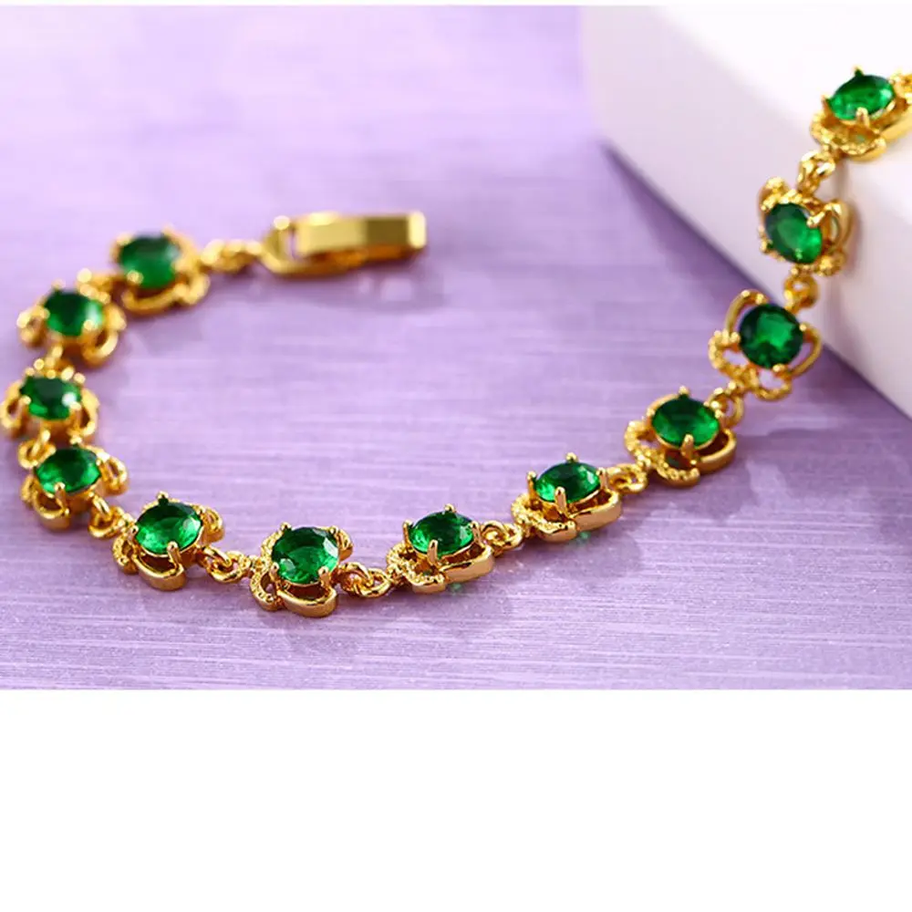 Green Zirconia Paved Bracelet Sparkling Jewelry Yellow Gold Filled Girls Womens Wrist Chain Gift | Украшения и аксессуары