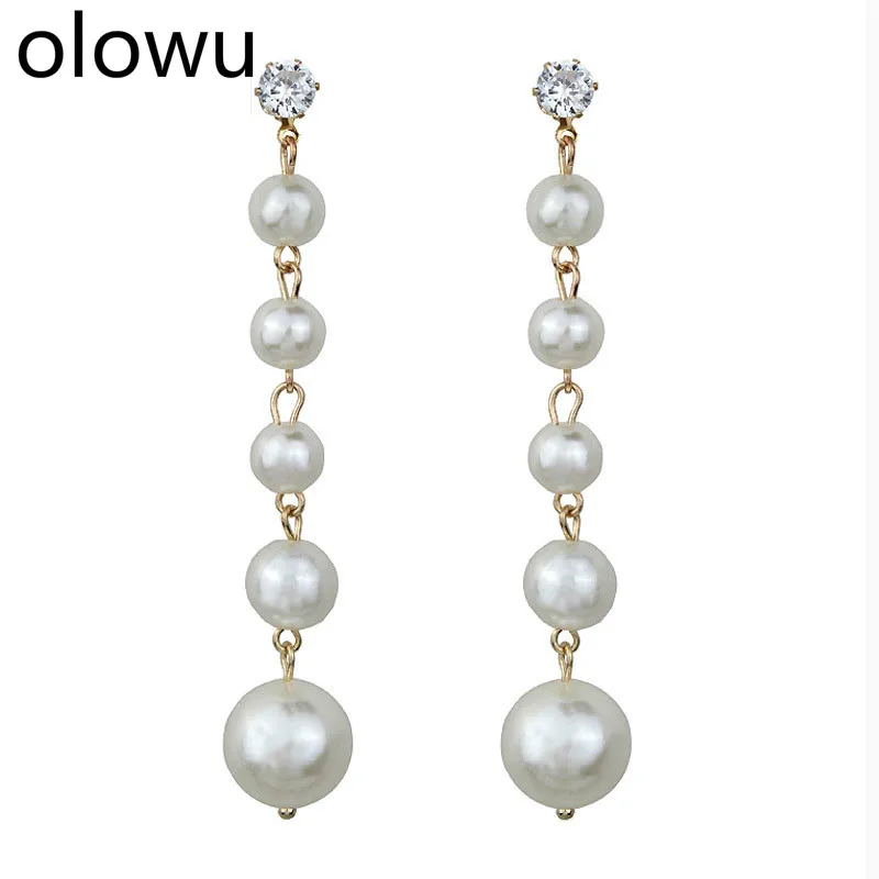 Olowu 2018 корейские длинные золотые жемчужные серьги элегантный рождественский