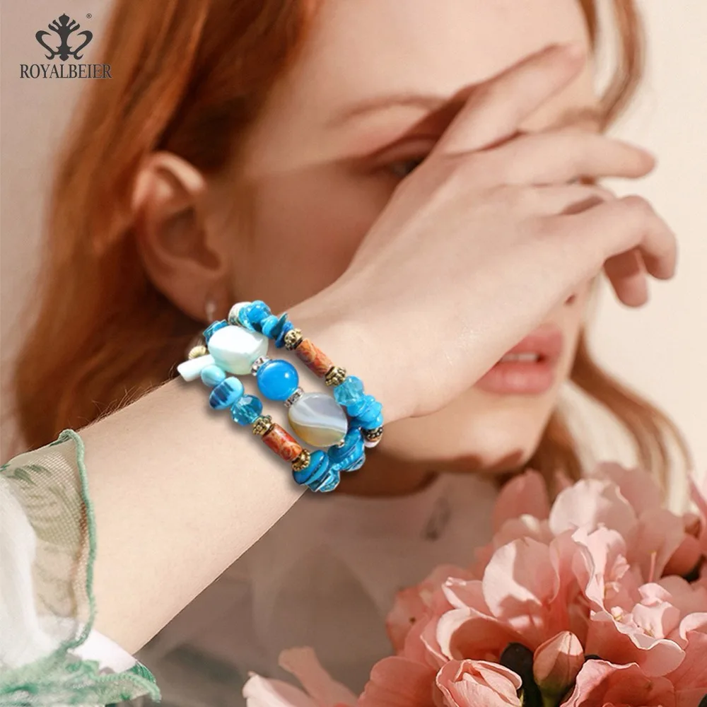 Браслет многослойный из натурального камня, с бусинами и кристаллами