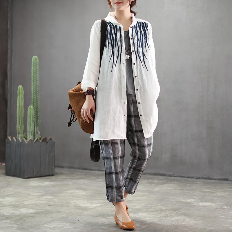 Women Linen Blouse Casual Long Sleeve Tops Tunic Vintage Embroidery Blouses Shirts Ladies Plus Size Blusas Chemisier Femme |