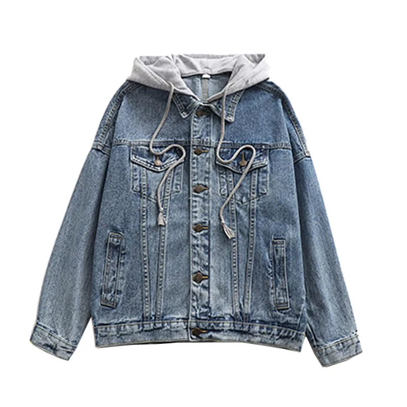 

PERHAPS U Women Denim Jacket Blue Loose Pocket Hooded C0118