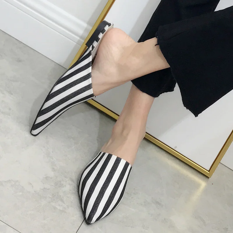 Monmoira дерево печати Для женщин Шлёпанцы острый носок в полоску Летние женские