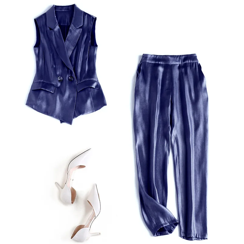 Летние Для женщин комплект из 2 частей блейзер без рукавов Топ + узкие брюки