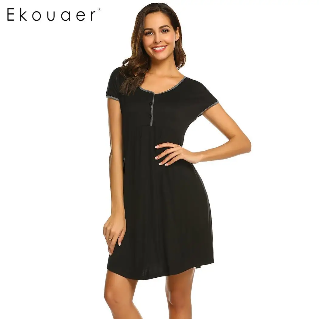 Black Ekouaer ночная рубашка, женское платье с v-образным вырезом, ночная рубашка с коротким рукавом для беременных, ночная рубашка для кормящих, повседневная одежда для сна, летнее Ночное платье - Цвет: Black