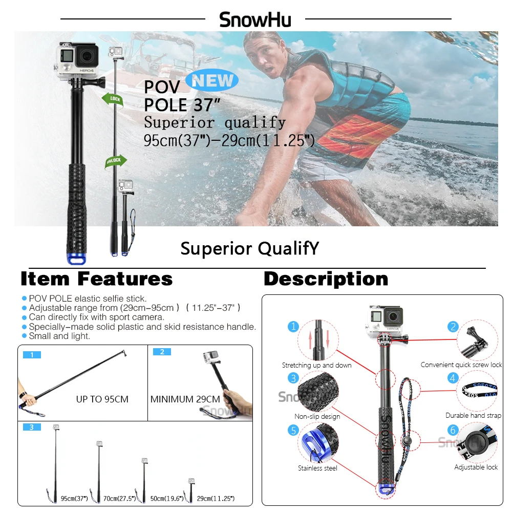 Аксессуары snowhu для GoPro Набор для go pro hero 8 7 6 5 4 3 комплект 3 способ селфи палка для Eken h8r/для xiaomi для yi 4K EVA GS02