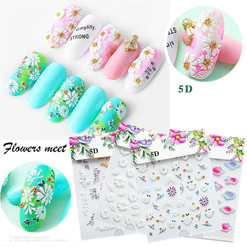 

5D Acrylic Engraved nail art sticker colorful flowers leaves Template Decals Tool DIY Nail Decoration Tools Z0133