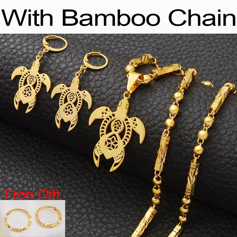 With Bamboo Chain Anniyo Hawaii черепаха цветы ожерелья серьги Микронезия вечерние Ювелирные наборы Гуам черепаха для женщин девочек подарок на день рождения#108321 - Окраска металла: With Bamboo Chain