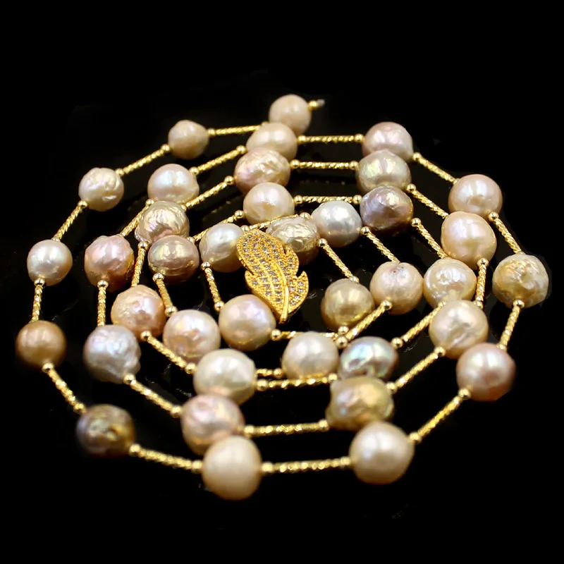 Free Shipping Women Jewelry Freeform Lavender Edsion FW Pearl Beads Brass Drop Leaf Rope Sweater Necklace 9-10mm 36&quot |