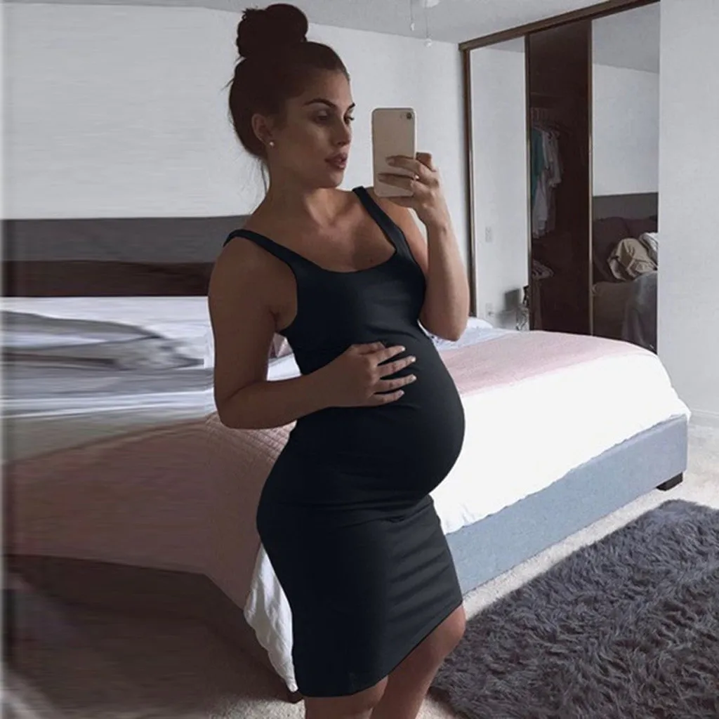 Модное женское платье для беременных летнее без рукавов с круглым вырезом жилет