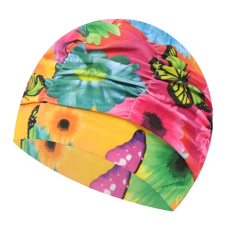 Pleated Flower 1 Новые женские тканевые плавающие шапки для защиты длинных волос с ушками, плиссированные цветочные принты, шапочки для бассейна, шапка размера плюс для женщин и мужчин, одежда для плавания - Цвет: Pleated Flower 1