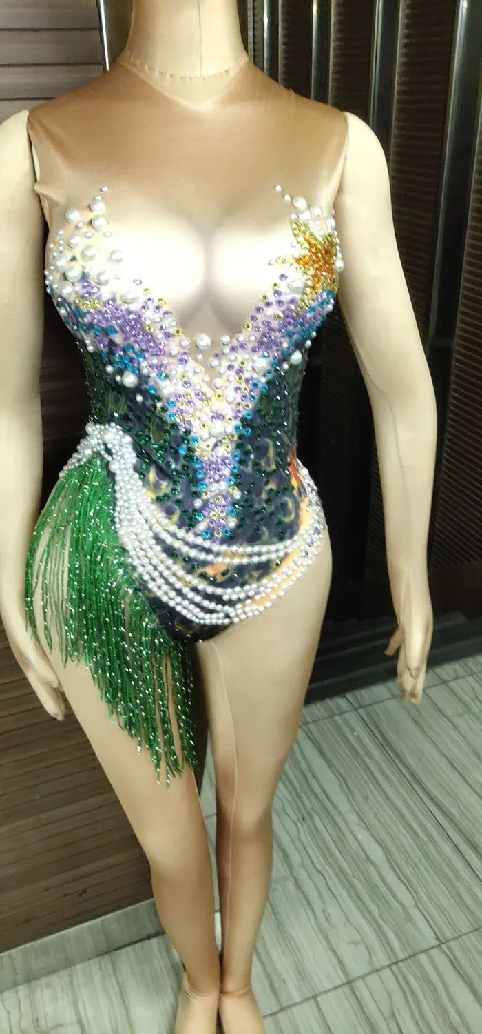 Flashing Rhinestones Pearls Bodysuit Green Tassel Sexy Leotard Female Singer Stage Dance Wear Prom Birthday Celebrate Clothes