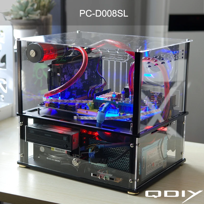 QDIY PC D008SL красочные горизонтальные E ATX прозрачный ПК с водяным охлаждением