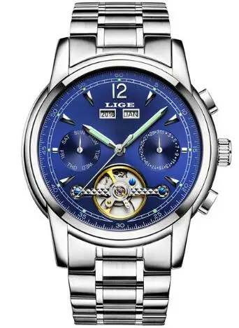Relojes LIGE, Мужские автоматические механические Спортивные часы, мужские роскошные Брендовые повседневные часы, мужские наручные часы, армейские часы, relogio masculino - Цвет: silver blue