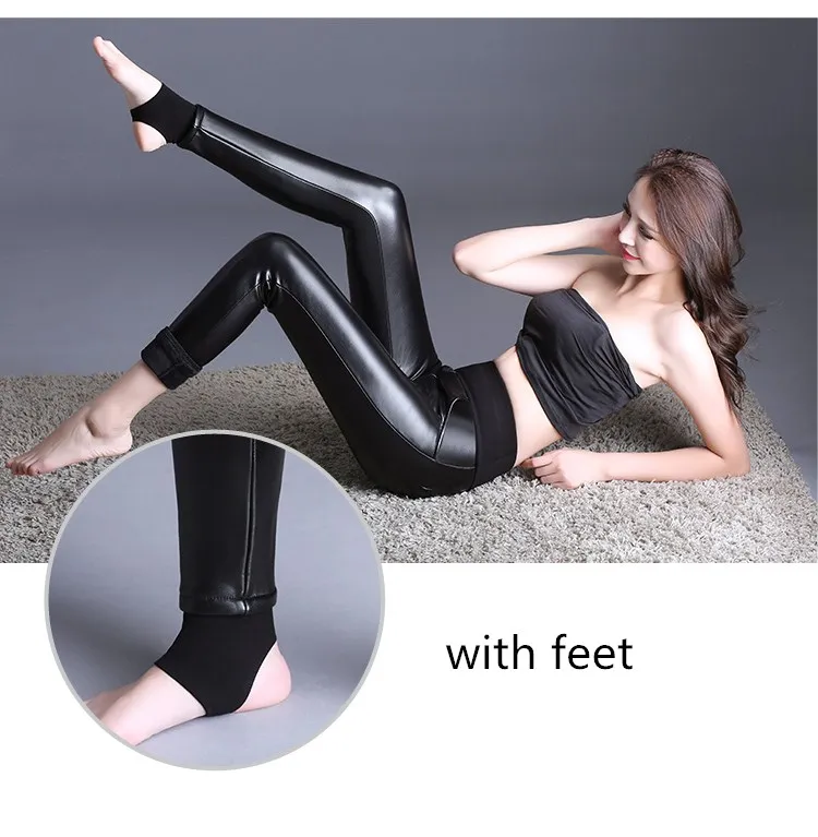 with feet WKOUD, зимние кожаные штаны, высокая талия, утолщенные, теплые, узкие брюки, обтягивающие, высокие, тянущиеся леггинсы, женские, ПУ брюки размера плюс, P8569 - Цвет: with feet