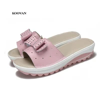koovan womens bow slippers 2018 new summer sandals wedges platform muffins thick bottom flat shoes shake real leather casual
