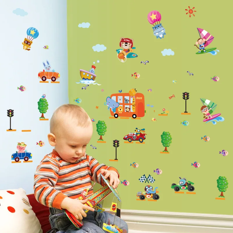 New Cartoon Car Wall Decoration Stickers For Kids Room Self Adhesive Track Tree Vinyl Poster Mural Removable Decal Gift Baby | Дом и сад
