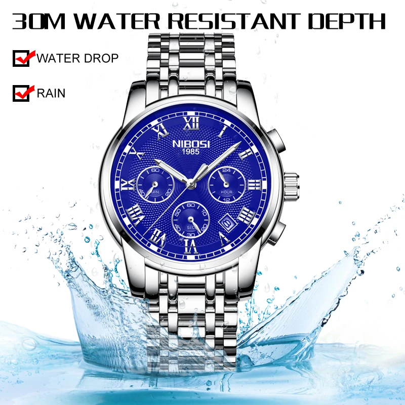 NIBOSI часы мужские полностью стальные синие классические кварцевые с хронографом