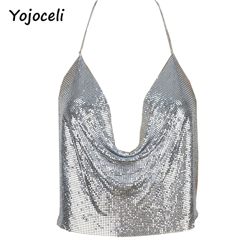 Yojoceli Bling Блестки Cami Top Для женщин Лето спинки укороченный Пляжный топ с глубоким v-образным вырезом на бретельках Топ