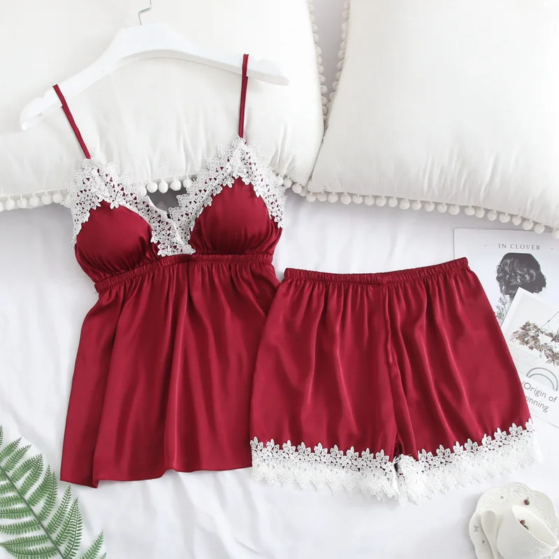 Winered Вышитые Кружевные пижамные комплекты с подушечками, атласная пижама, Шелковый Топ без бретелек на бретелях и шорты, пижамные шорты, летняя одежда для сна - Цвет: Winered