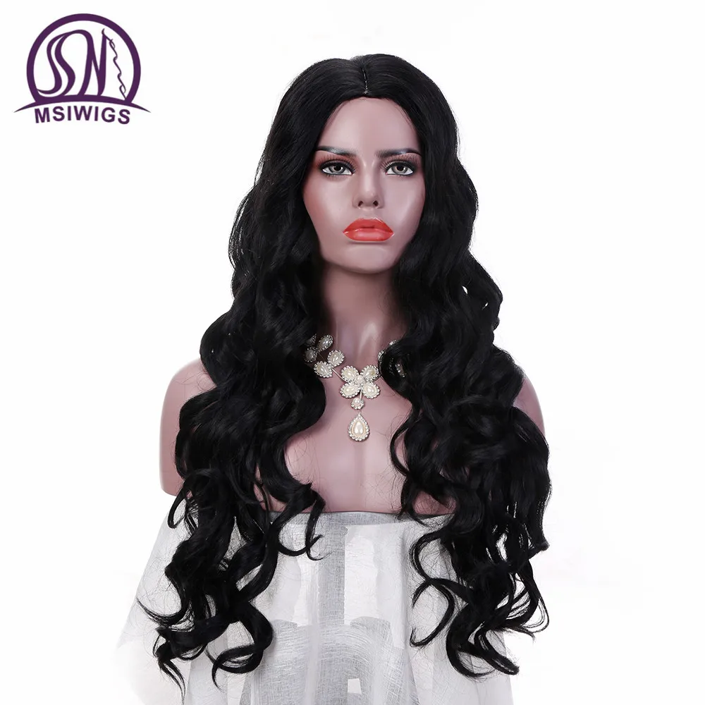MSI Wigs 26 дюймов длинные волнистые парики Черный цвет натуральные волосы парик мягкий синтетический парик для черных женщин термостойкий