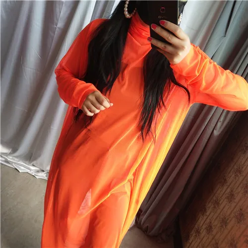 [EAM] New Autumn Winter High Collar Long Sleeve Black Mesh Perspective Colorful Long Big Size Dress Women Fashion JU790 - Цвет: Fluorescent orange