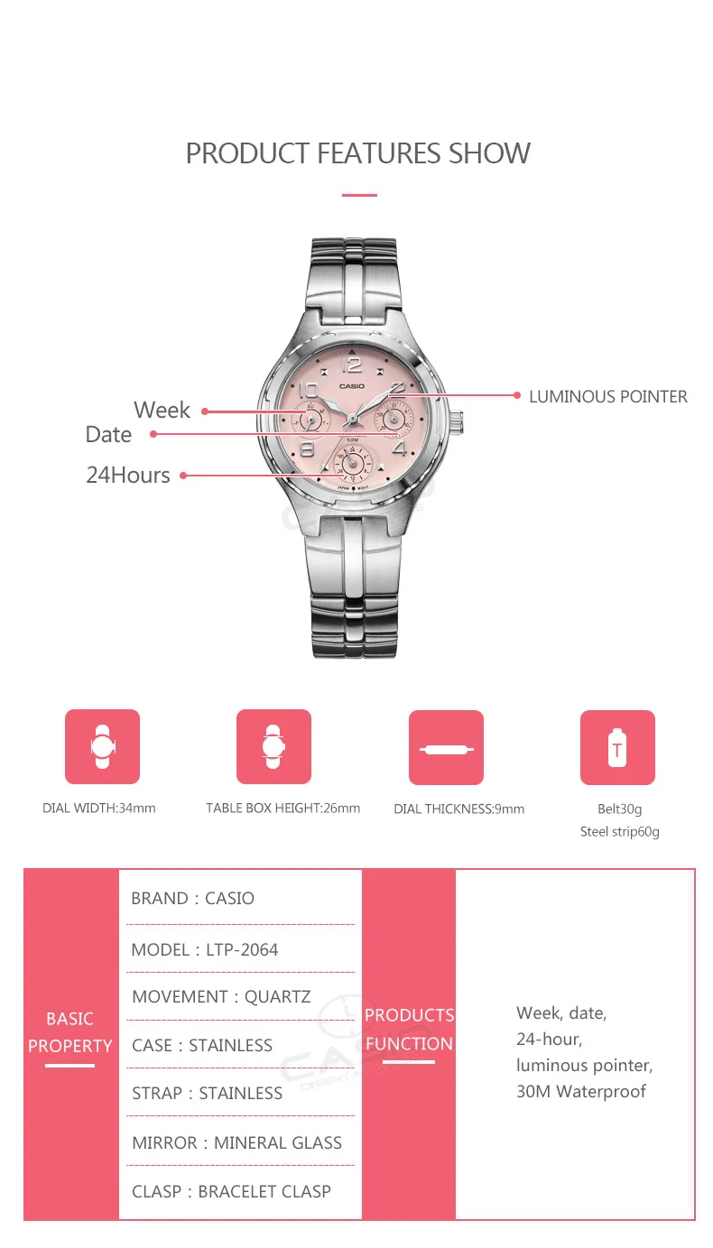 CASIO Часы Световой указатель жизнь водонепроницаемый Мода г. кварцевые часы Для женщин Девушка римские Relogio LTP-2064A-4A