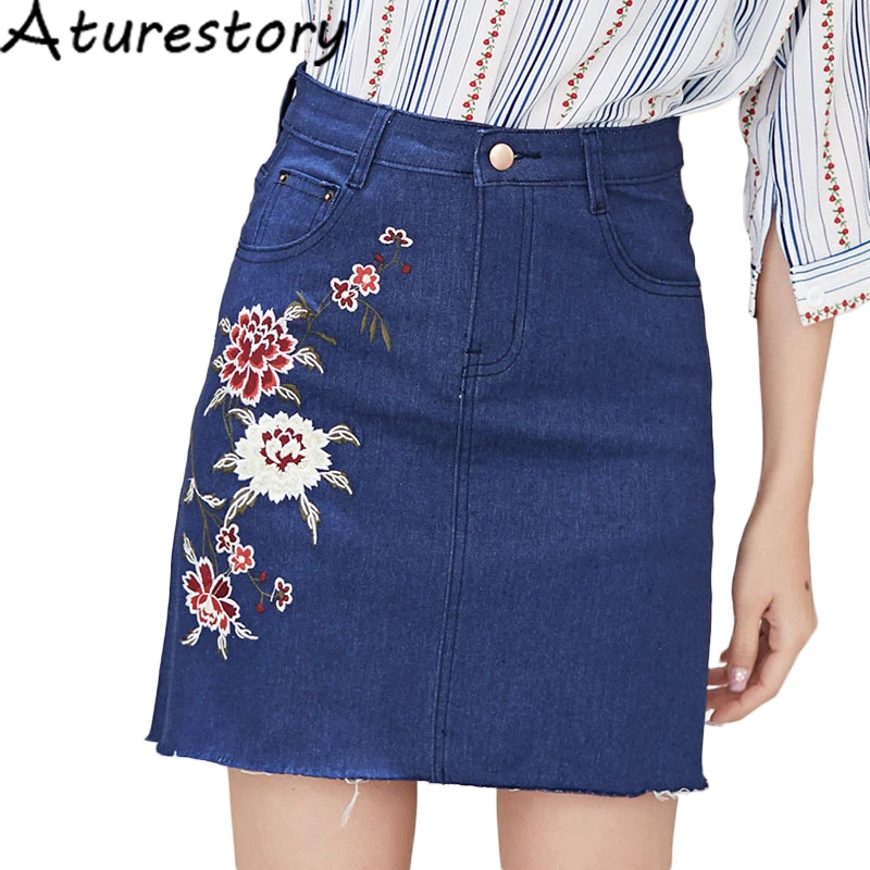 Женская джинсовая юбка с цветочной вышивкой и короткими карманами|denim skirt|skirt florala