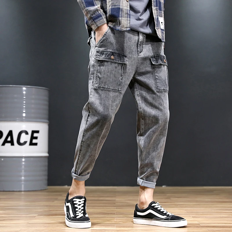 Мужские свободные джинсы карго Серый Стрейч Обрезанные джоггеры Плюс Размер 28-48 |