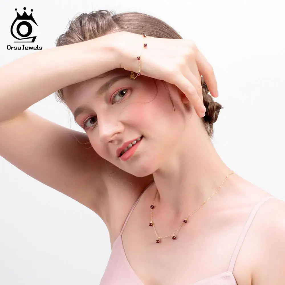 ORSA JEWELS Подлинная 925 Красный Гранат женские браслеты из стерлингового серебра очаровательные 18 К золотые браслеты Цепочка модные ювелирные изделия SB45-R