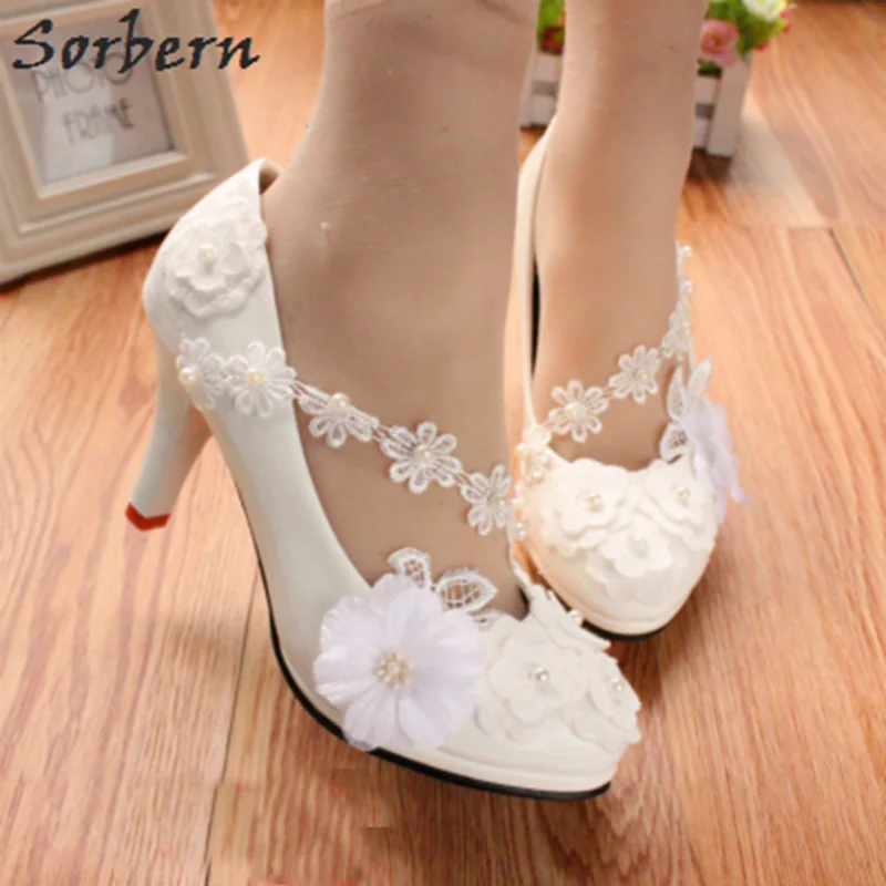 8cm Heel Sorbern/белые женские туфли на плоской подошве свадебные туфли с цветочным кружевом женские свадебные туфли на плоской подошве 3 см, 5 см, 8 см дешевая обувь для подружки невесты - Цвет: 8cm Heel