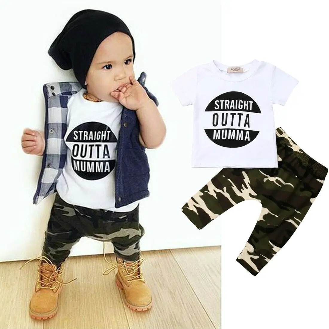 2PCS Newborn Toddler Kids Baby Boy Clothes Set Short Sleeve T Shirt Tops Camouflage Long Pants Summer Casual Outfits |
