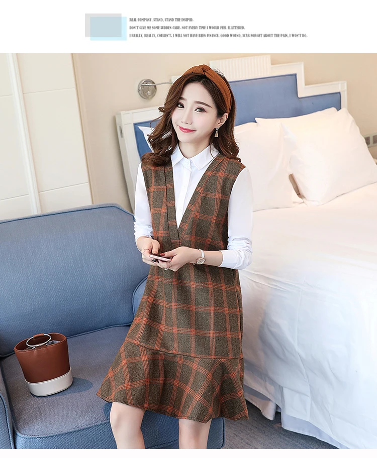 Maternity wear spring plaid stitching shirt collar loose fashion maternity dress women dress Long sleeve Cotton Pregnant Dress