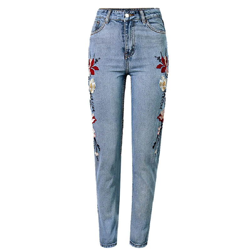 Vintage Denim Capri Embroidered Flowers Mom jeans Boyfriend Jeans with High Waist for Women's plus size | Женская одежда