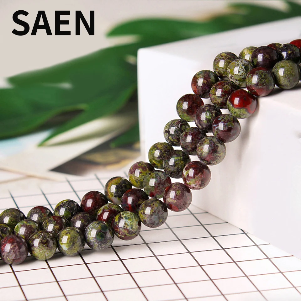 

SAEN Wholesale Blood Stone Natural Volcanic Andesite Stone Round Beads For Jewelry Making DIY Bracelet Necklace 4 6 8 10 12 mm