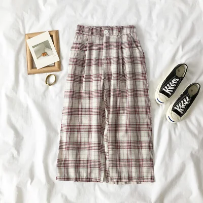 red pants Новинка, модные корейские женские комплекты, повседневная Однотонная футболка с коротким рукавом+ Ретро клетчатые Широкие штаны, летний костюм из двух предметов - Цвет: red pants