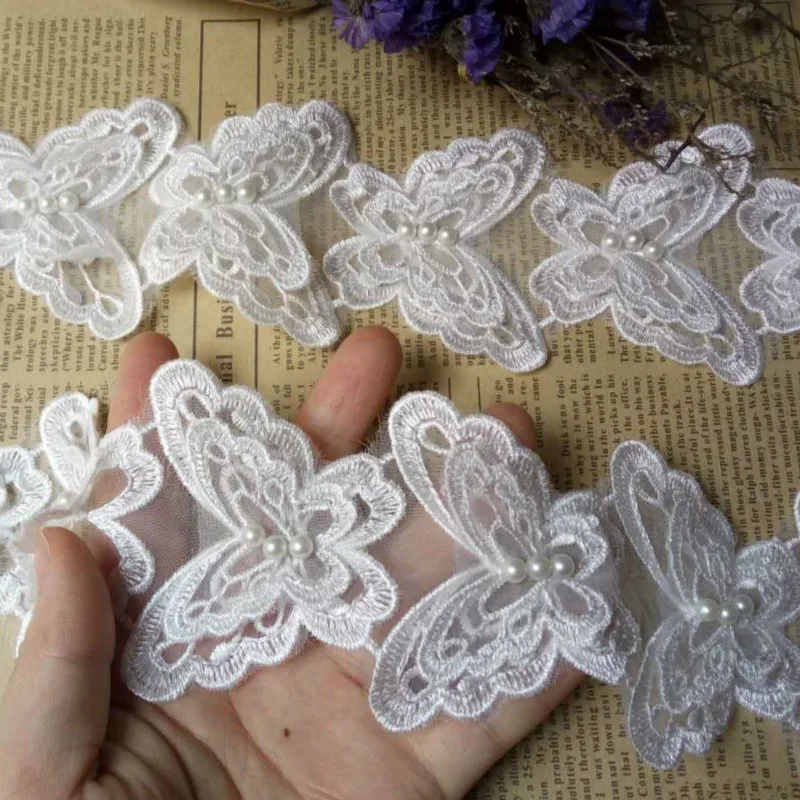 

6.5*5.5cm 10pcs White Butterfly Pearl Organza Lace Trim Knitting Embroidered Handmade Patchwork Wedding Ribbon Sewing Supplies
