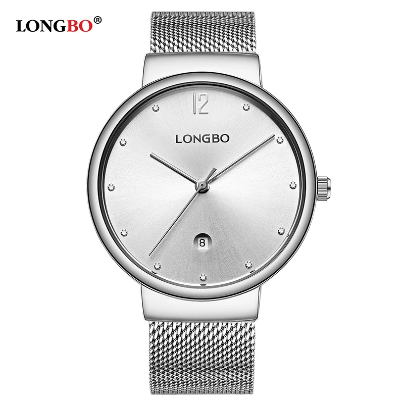 LONGBO, новинка, Модные Роскошные мужские часы для влюбленных, календарь даты, женские кварцевые часы с сетчатым ремешком, мужские наручные часы, подарки 5081 - Цвет: Sliver Men