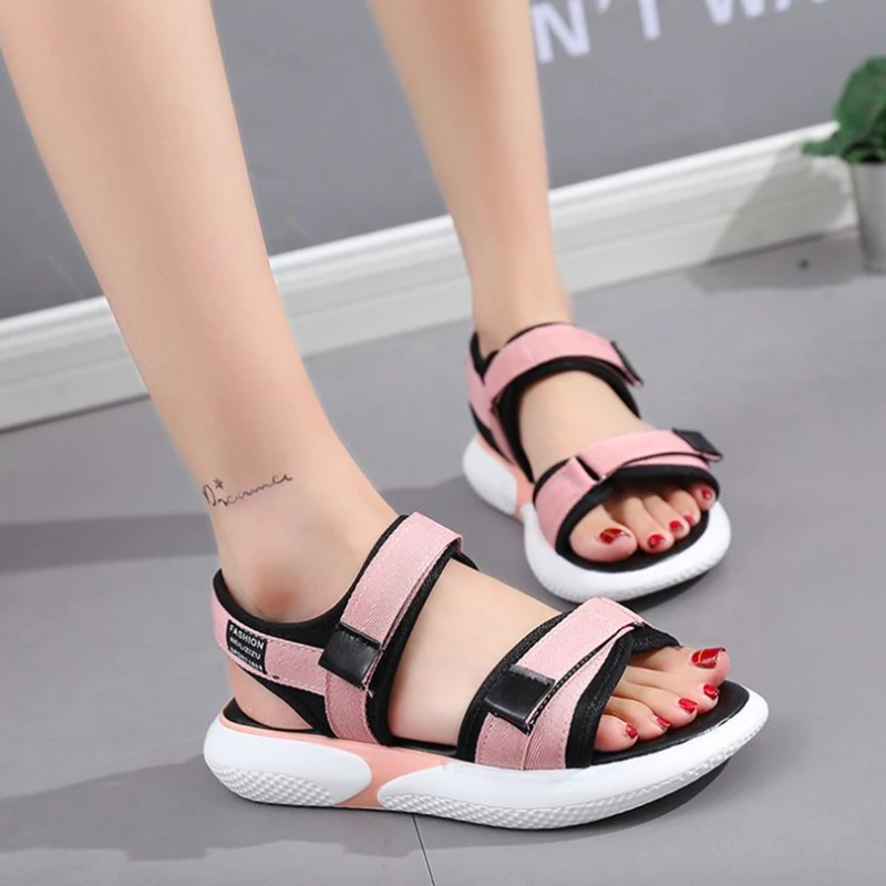pink women sandals Женские босоножки модная летняя обувь Туфли без каблуков на платформе дышащие эластичные тканевые сандалии Нескользящая женская обувь Большие размеры 34–42 - Цвет: pink women sandals