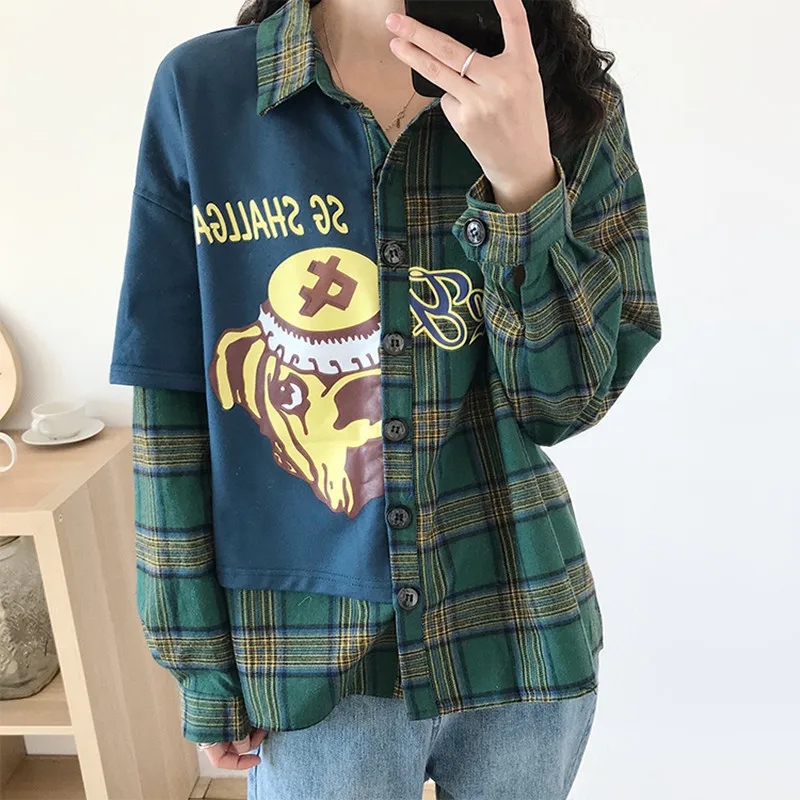 Harajuku Японская уличная одежда с мультяшным принтом Женская клетчатая рубашка