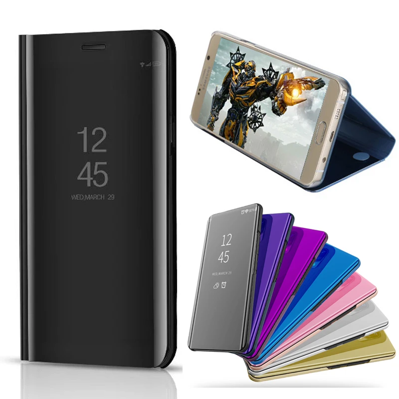 Smart Flip Stand Mirror Case For Samsung Galaxy J7 DOU Clear View PU Leather Cover J3 2018 |