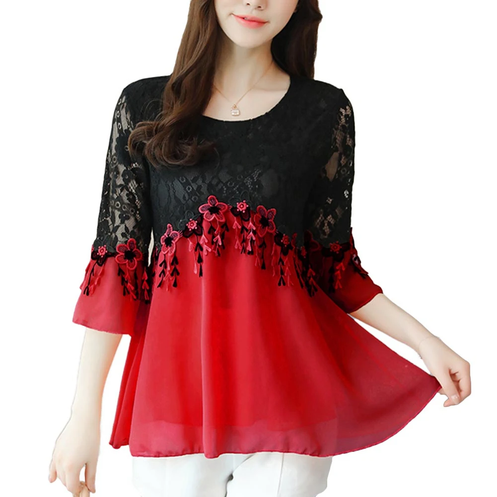 Женская блузка с цветочной вышивкой кружевной лоскутный топ рукавами-фонариками
