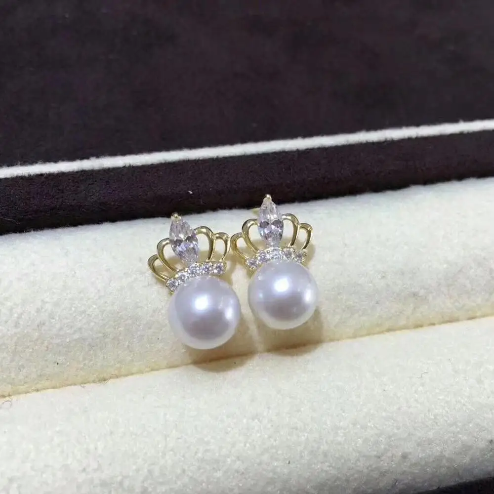 Шэньчжэнь великолепная пара 9 10 мм Южное море белая круглая жемчужная Серьга