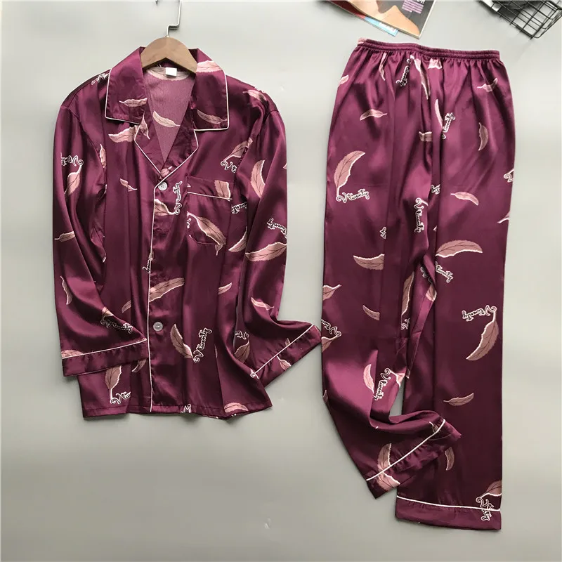 New brand men pajama set long sleeve silk men's pajamas print casual home clothes male sleepwear pyjama suit pijama hombre