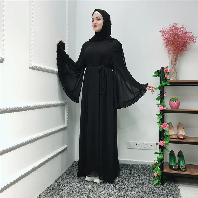 Фабрика большой расклешенный рукав мусульманские abayas syari арабские женщины полная Длина оборками кружева мусульманские халаты Рамадан абаи с поясом wq980